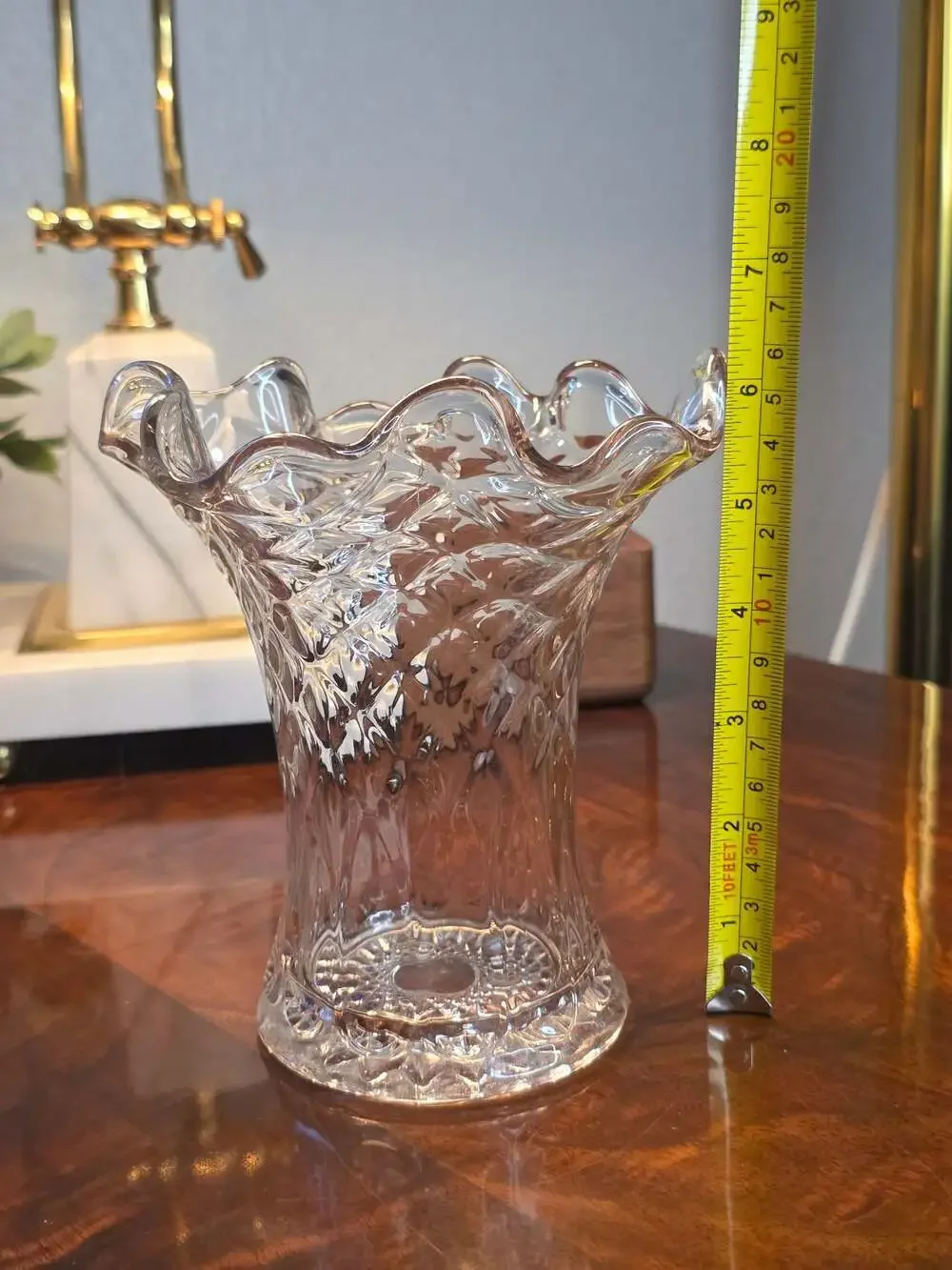 Antique Jefferson Glass Clear Pressed Glass Diamond and Thumbprint Ruffled Vase